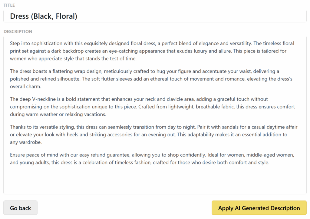 Product description editor with an AI-generated summary for a black floral dress emphasizing elegance, comfort, and versatility.