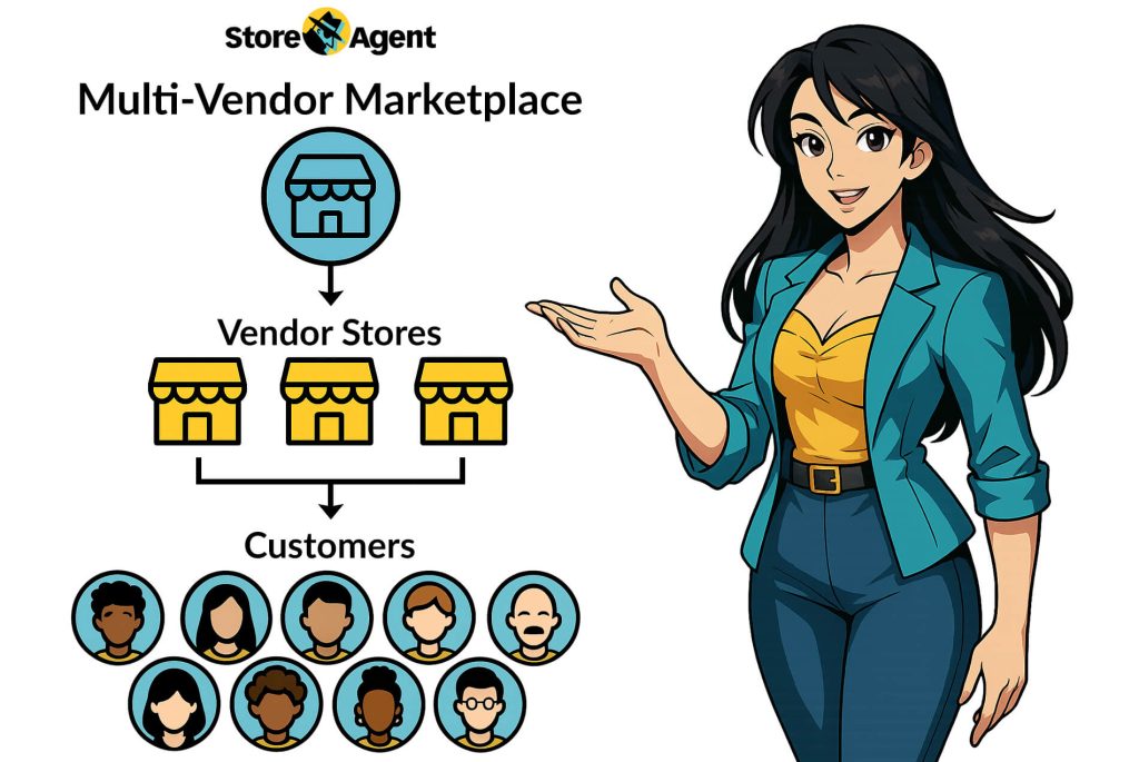a black-haired woman in a stylish teal jacket, yellow blouse, and blue jeans gesturing at a diagram explaining the link between a multi-vendor marketplace, vendors, and customers
