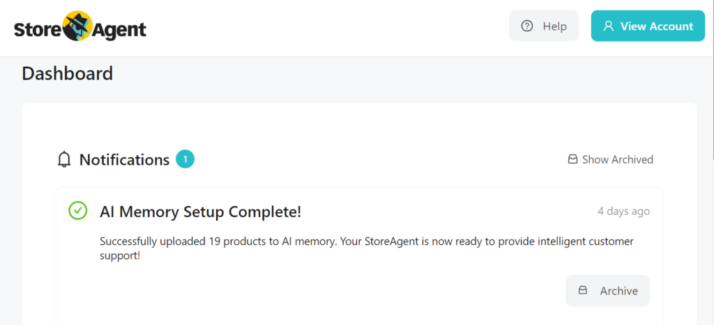 StoreAgent AI memory setup completion notification showing successful product upload