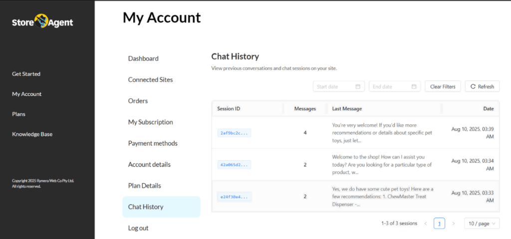 StoreAgent Chat History showing previous customer conversations with session IDs, message counts, and timestamps in a WooCommerce AI plugin.