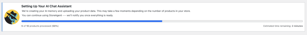 StoreAgent AI product sync progress tracker showing processed items and estimated completion time