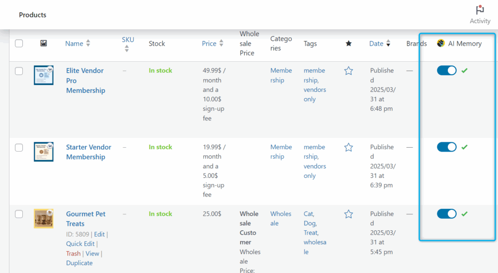 WooCommerce products table with StoreAgent AI memory status column showing synced items