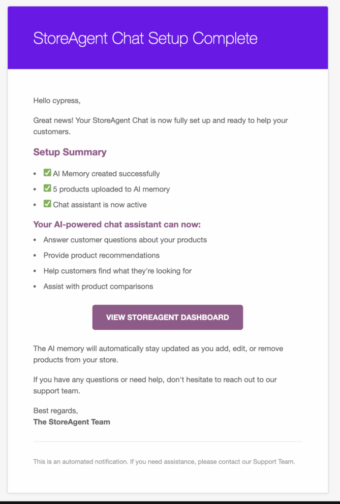 Email confirmation sent to WooCommerce store owners after AI chatbot activation