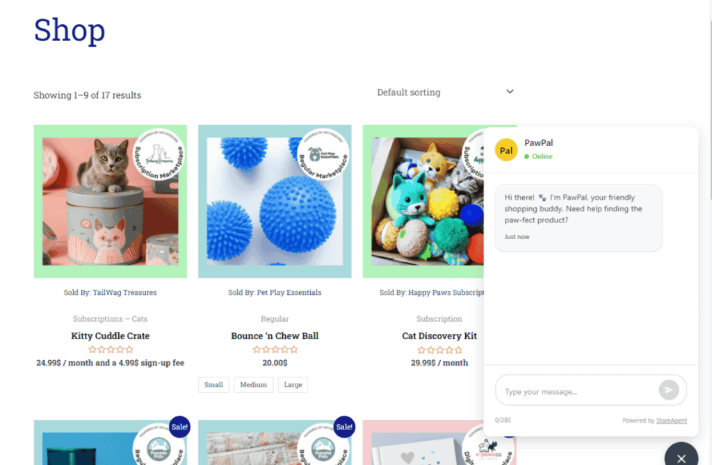 Live example of StoreAgent AI chatbot on a WooCommerce pet store with product recommendations and real-time replies