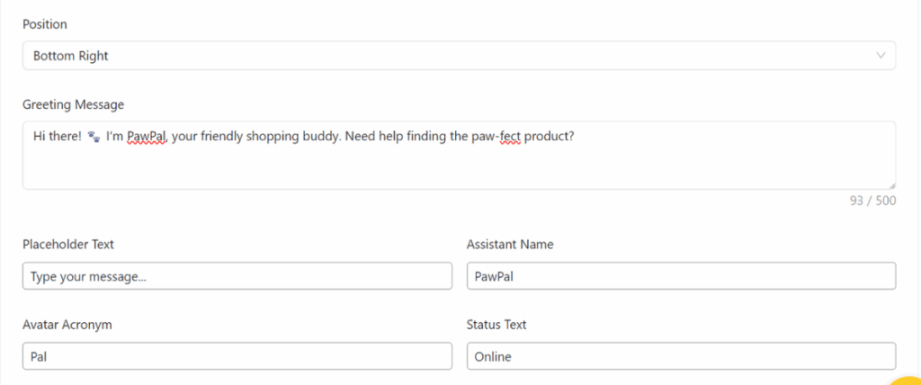 WooCommerce chatbot configuration panel for setting assistant name, greeting, and status text