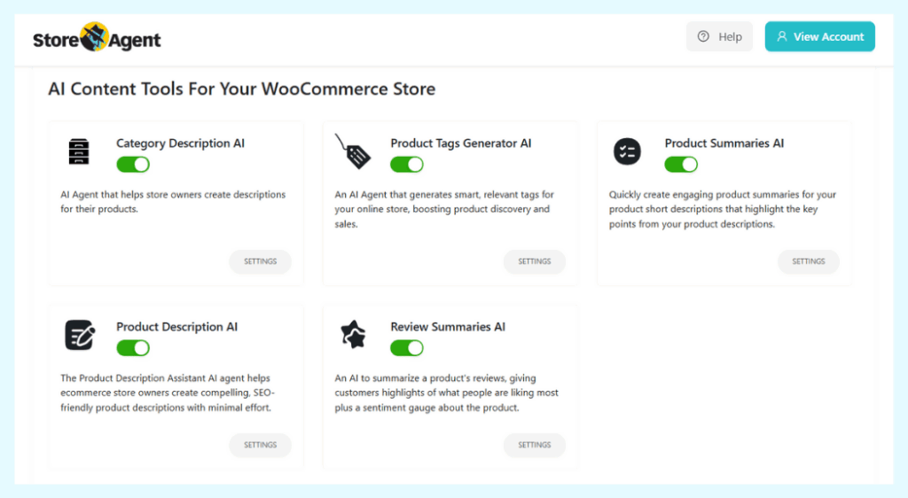 StoreAgent' full suite of AI content tools for a WooCommerce store.