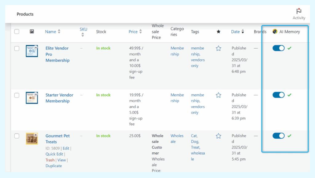 The WooCommerce products table showing the new "AI Memory" column with the status of each product