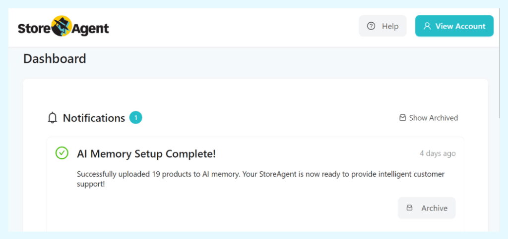 A notification in the StoreAgent dashboard confirming that the "AI Memory Setup is Complete" and the chatbot is ready.