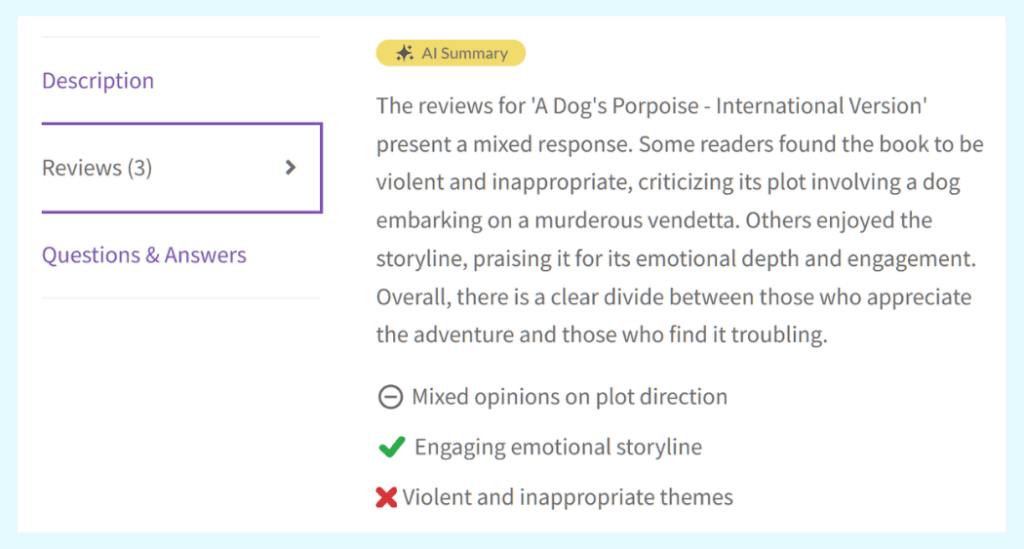 An AI review summary from StoreAgent, analyzing customer feedback into a digestible paragraph and key points.