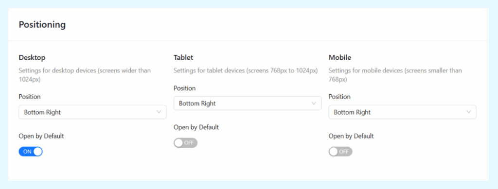 Configuring the responsive positioning of StoreAgent AI chatbot widget for desktop, tablet, and mobile devices in WordPress settings.
