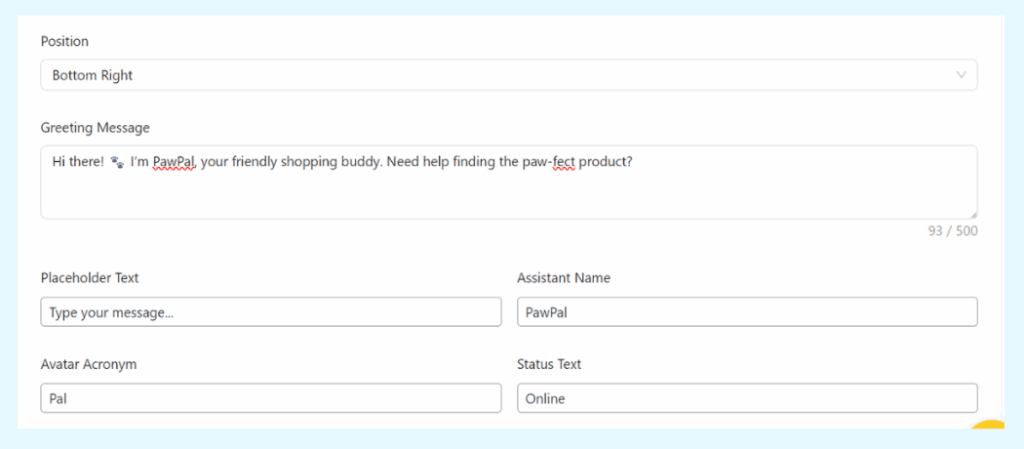 Customizing an AI chatbot's greeting message and name, like 'PawPal,' in the WordPress plugin settings to align with brand identity.