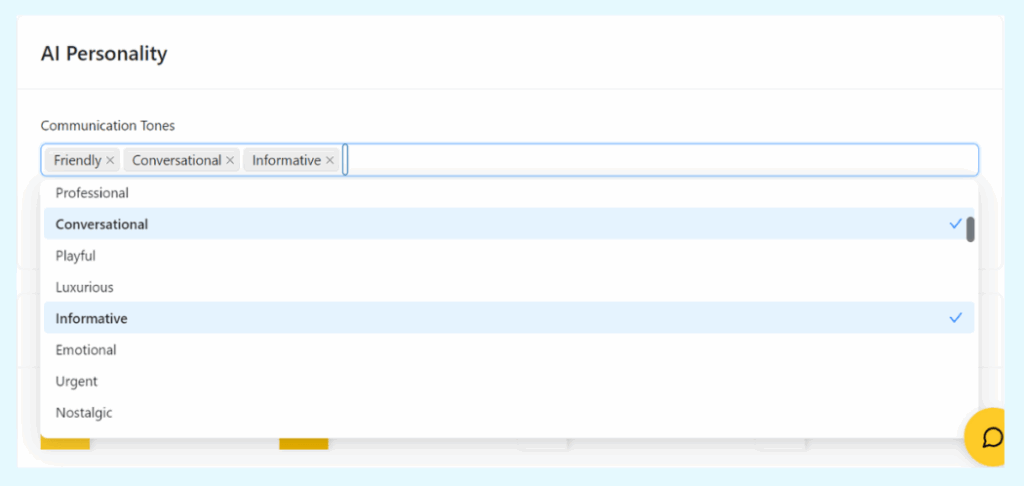 Selecting communication tones like 'Friendly' and 'Informative' to define the AI personality for a WordPress chatbot.