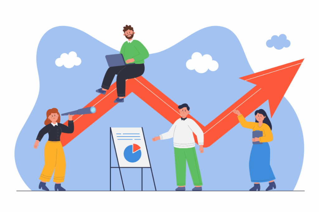 business team analyzing a rising sales chart, representing one of the key benefits of using AI chatbots to boost conversions.
