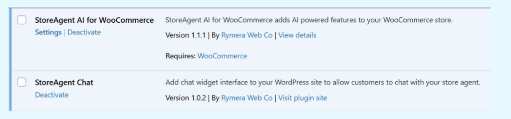 Installing the StoreAgent AI and StoreAgent Chat plugins on a WordPress dashboard to add a chatbot to a WooCommerce store.