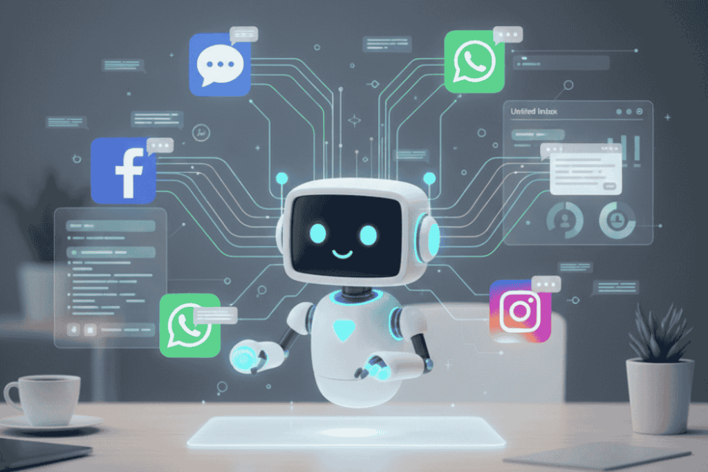 An AI chatbot integrated with multiple communication channels, including Facebook Messenger, WhatsApp, and Instagram, for unified customer support.