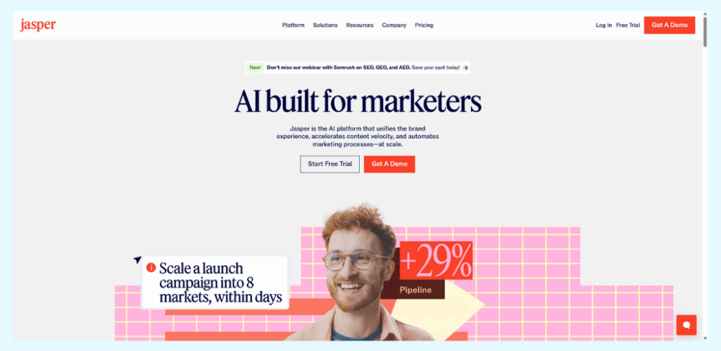 Jasper AI homepage, an AI marketing platform for content creation at scale.