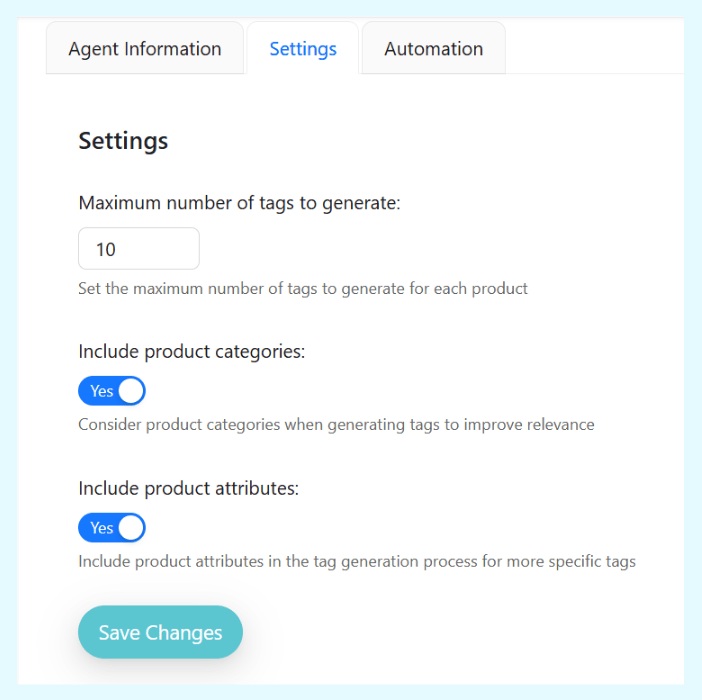 settings for the StoreAgent Product Tag Generator AI, showing toggles to include product categories and attributes in the tag generation.