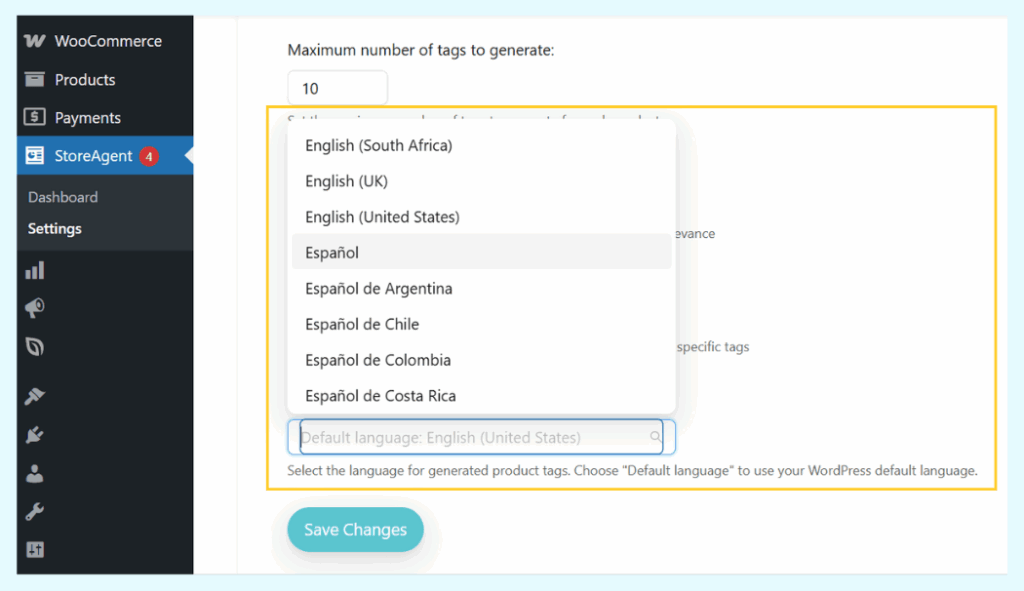 A user setting a default language for an AI agent in the StoreAgent settings within the WordPress dashboard.