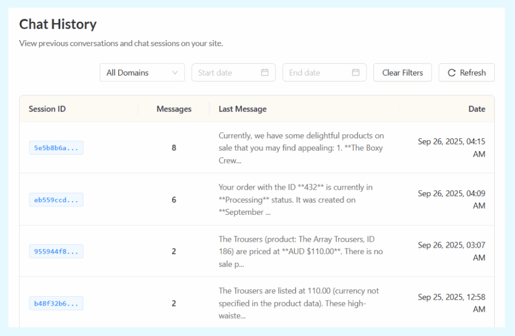 Reviewing AI chatbot chat history logs in a WordPress dashboard to analyze customer conversations and improve support responses.