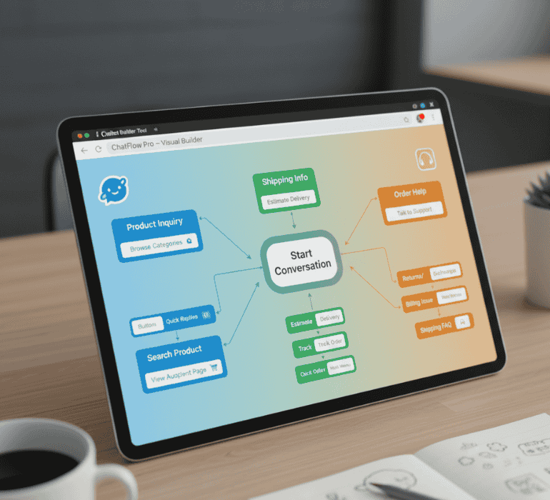 A visual chatbot builder tool on a tablet displaying a conversation flow map for an e-commerce store, with nodes for product inquiry and order help.