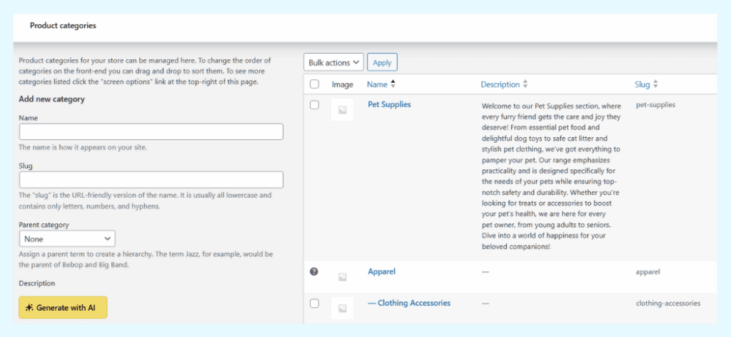 The WooCommerce product categories page showing the 'Generate with AI' button from StoreAgent for creating category descriptions.