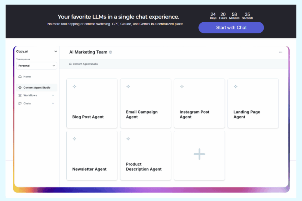 Copy.ai dashboard, showing the Content Agent Studio with various AI marketing tools.