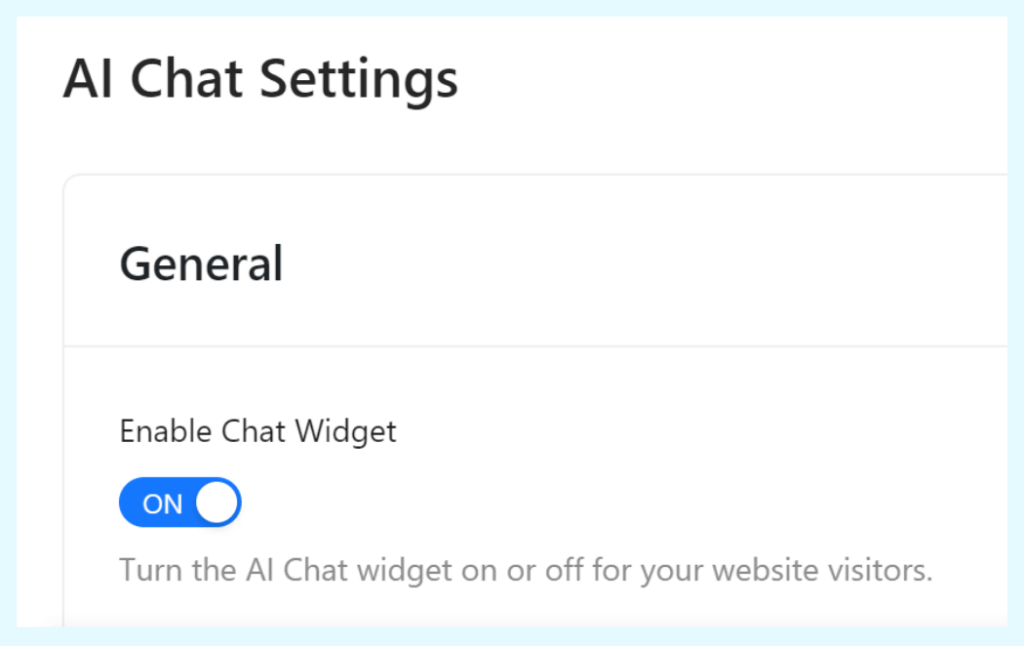 The "Enable Chat Widget" toggle switch in the StoreAgent AI Chat Settings, shown in the "ON" position to make the chatbot live.