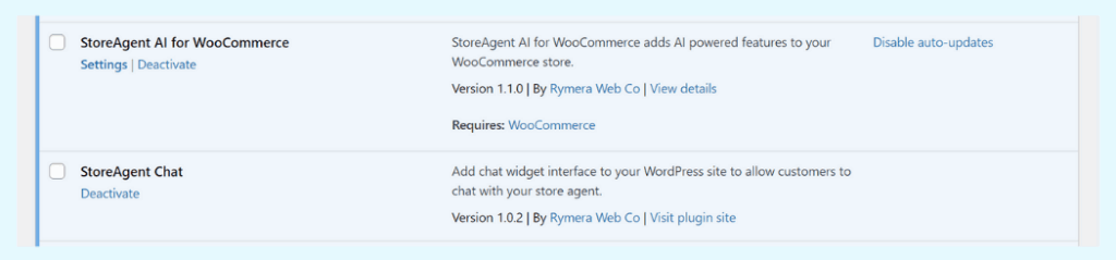 The WordPress plugins page showing the StoreAgent AI and StoreAgent Chat plugins ready for activation in a WooCommerce store.