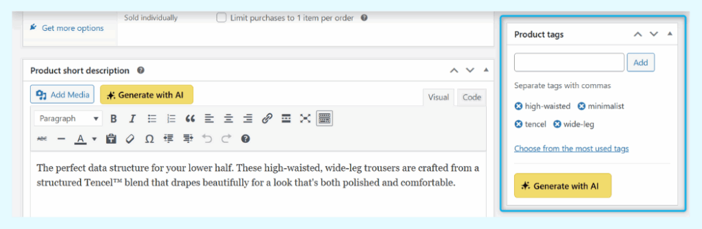 Screenshot showing the "Generate with AI" button from StoreAgent appearing directly in the native WooCommerce "Product tags" box on an edit product page.