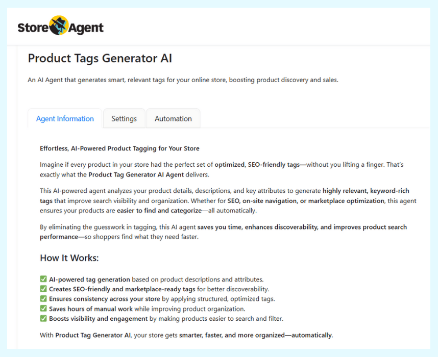 StoreAgent Product Tag Generator AI tool, which explains how it uses AI to generate relevant, SEO-friendly tags for WooCommerce.