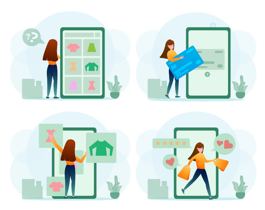  e-commerce customer journey, showing how product tags and categories in WooCommerce help a shopper find, select, and purchase items.