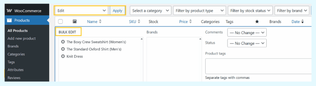 "Bulk Edit" panel in WooCommerce, which allows a user to apply the same product tags to multiple selected products at once.