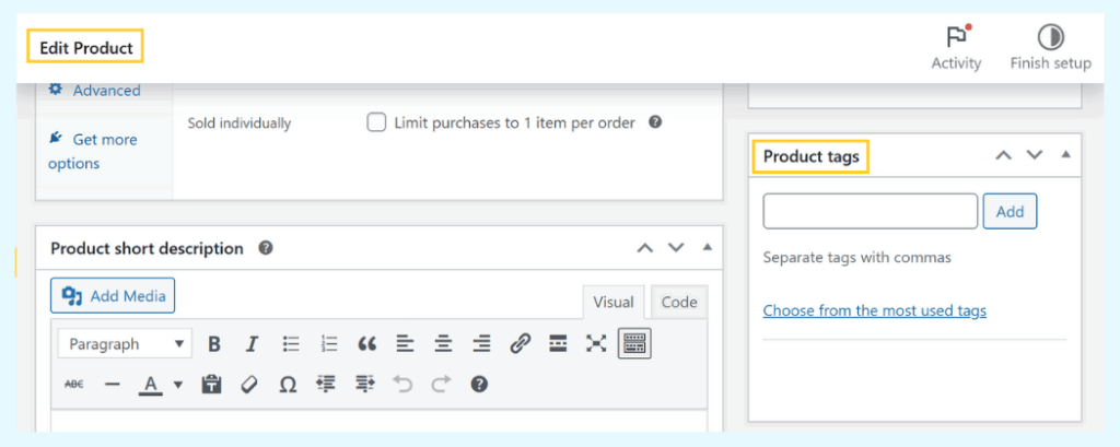 "Product tags" box on the WordPress "Edit Product" page, where a user can add or choose existing tags for a specific item.