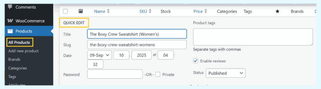 "Quick Edit" interface in the WooCommerce products list, with the "Product tags" field visible for fast updates.