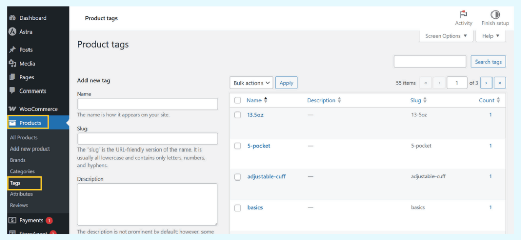 WooCommerce product tags screen in the WordPress dashboard, showing how to add a new tag with name, slug, and description fields.