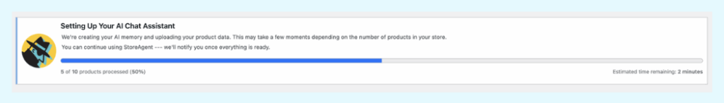 The progress bar for StoreAgent's initial product sync, showing the AI Chat Assistant creating its memory by uploading product data.