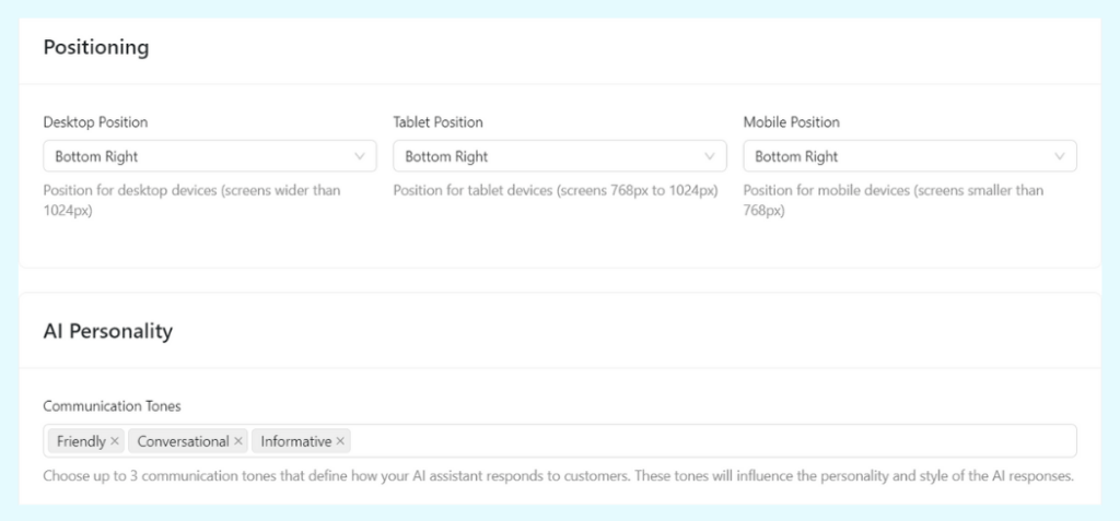 The Positioning and AI Personality settings in StoreAgent Chat