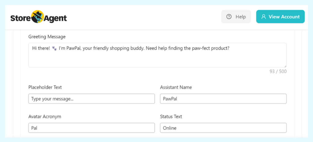 The StoreAgent Chat settings panel for customizing a WooCommerce chatbot