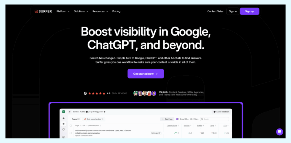 SurferSEO, an AI SEO tool, showing its headline 'Boost visibility in Google, ChatGPT, and beyond' and a preview of its content optimization dashboard.