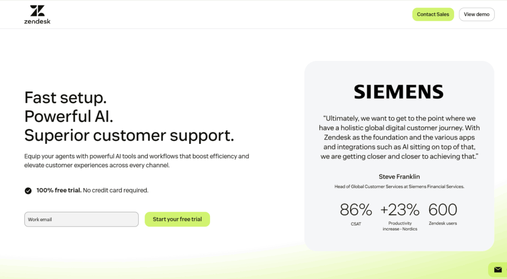 Zendesk AI customer service platform homepage illustrating automation, analytics, and omnichannel support