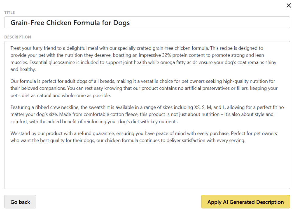 Benefit-Driven Product Descriptions-storeagent - StoreAgent AI-generated pet product description using StoreAgent showing grain-free dog food benefits for WooCommerce stores