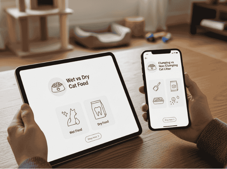 Comparison content Strategy-storeagent - StoreAgent Pet owner researching wet vs dry cat food comparison on tablet and smartphone for informed purchase decision