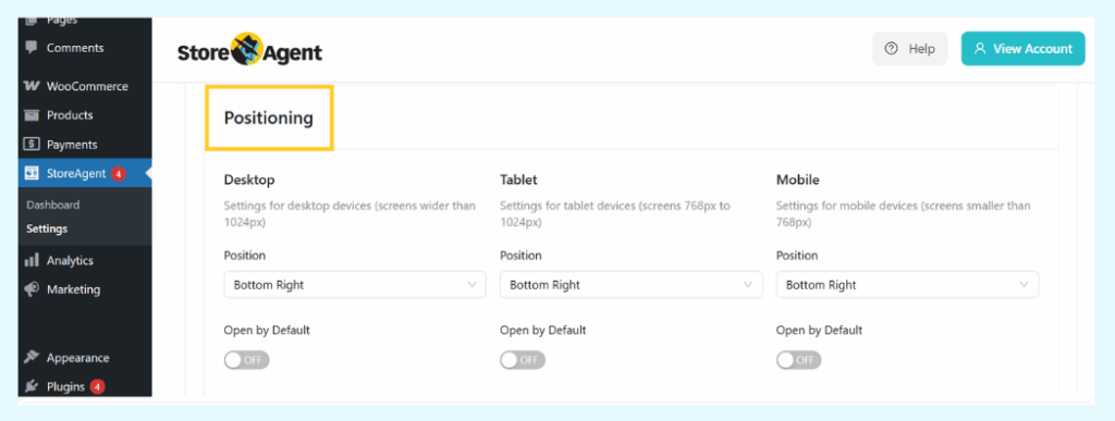 Customize chat widget position settings in StoreAgent WordPress plugin dashboard.
