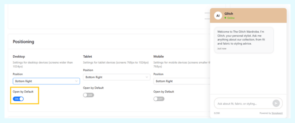 StoreAgent Chat default open setting control toggled on for desktop device.