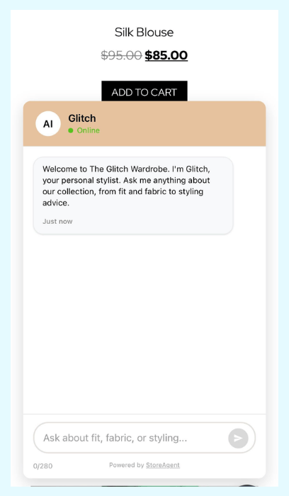StoreAgent Chat widget displayed on a mobile device screen showing the chatbot interface.