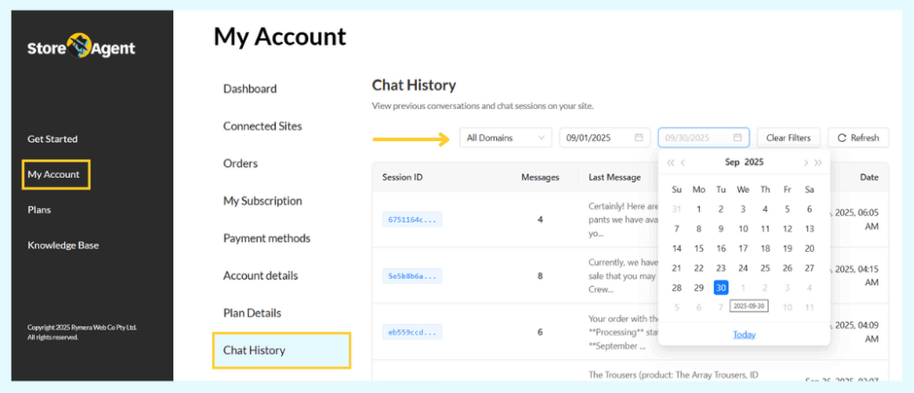 StoreAgent Chat History page showing conversation filtering by domain and date range for targeted WooCommerce chatbot admin