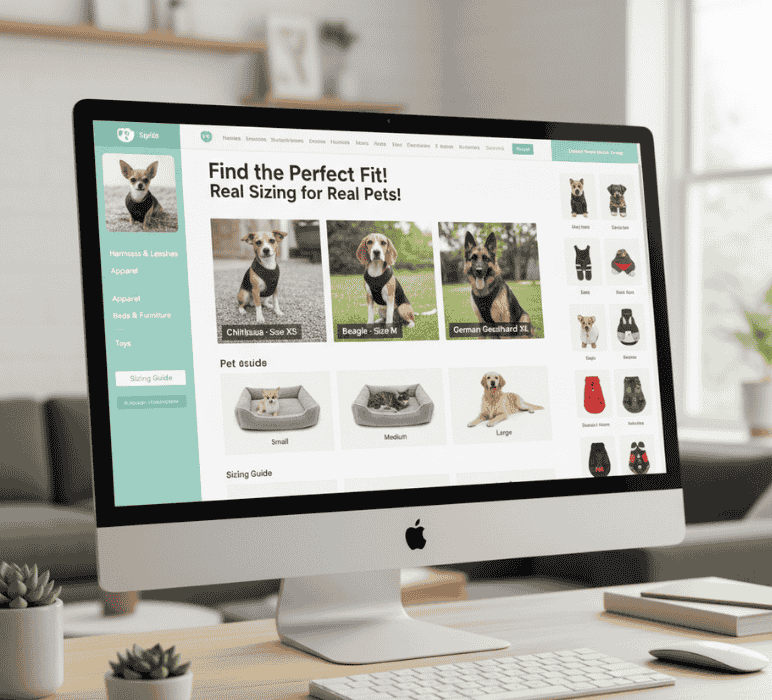 Product Images That Show Real Sizing-storeagent - StoreAgent Pet product sizing guide showing dog harness on different breed sizes from Chihuahua to German Shepherd