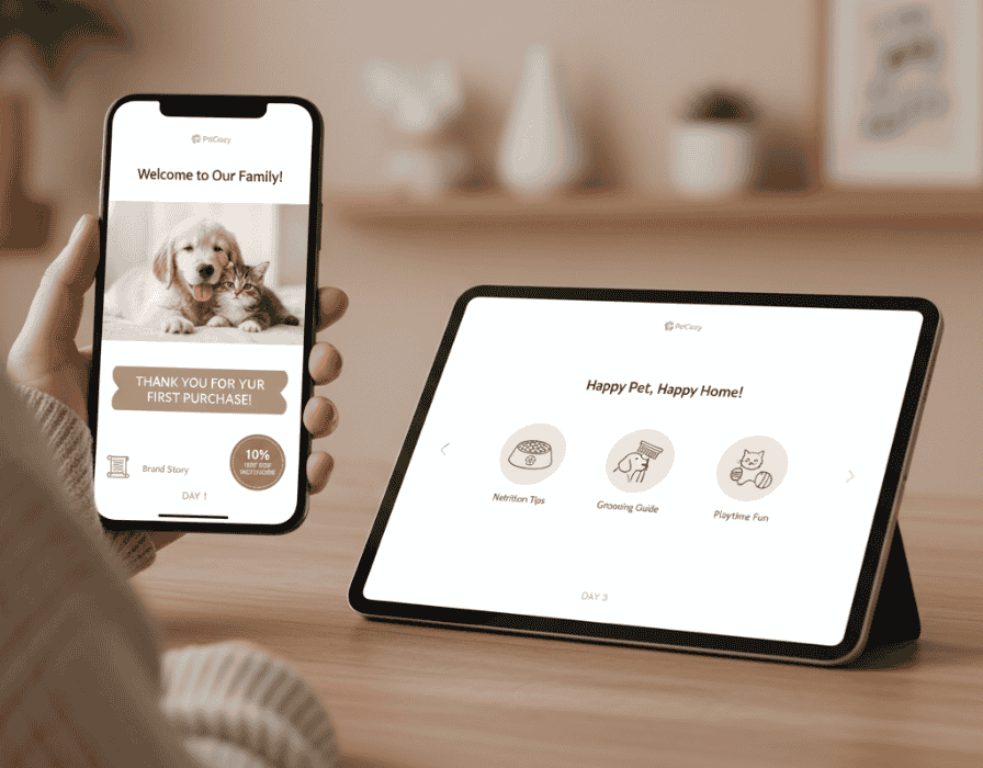 Welcome Email Series-storeagent - StoreAgent Pet store welcome email series workflow showing 3-day automated campaign for new customers