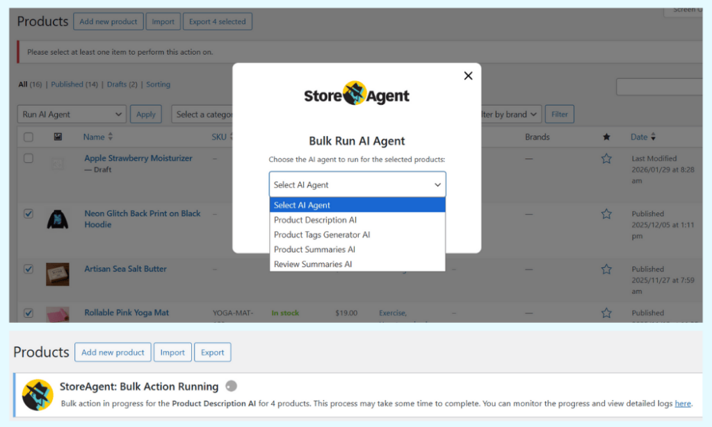 StoreAgent's bulk AI action