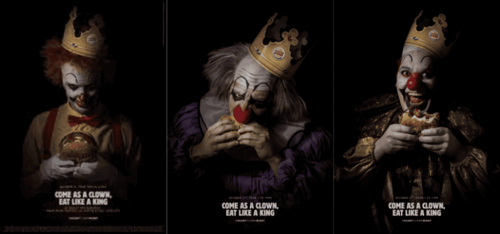 Burger King's viral Halloween marketing campaign featuring "Come as a clown, eat like a king" promotion demonstrating clever Halloween advertising
